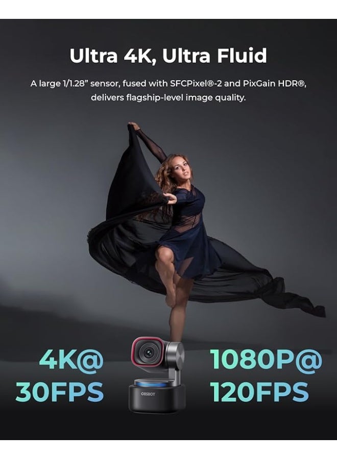 OBSBOT كاميرا ويب OBSBOT Tiny 3 مع صوت مكاني مدعوم بالذكاء الاصطناعي بدقة 4K، كاميرا PTZ بتتبع الذكاء الاصطناعي مع مستشعر 1/1.28"، ثلاث ميكروفونات، تحكم صوتي وإيمائي، 120FPS، HDR، كاميرا ويب للكمبيوتر، اللابتوب، البث، الاجتماعات، سويتش 2، وغيرها. - Image 2